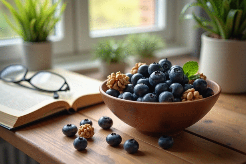 Bol de myrtilles et noix sur une table en bois avec livre et lunettes