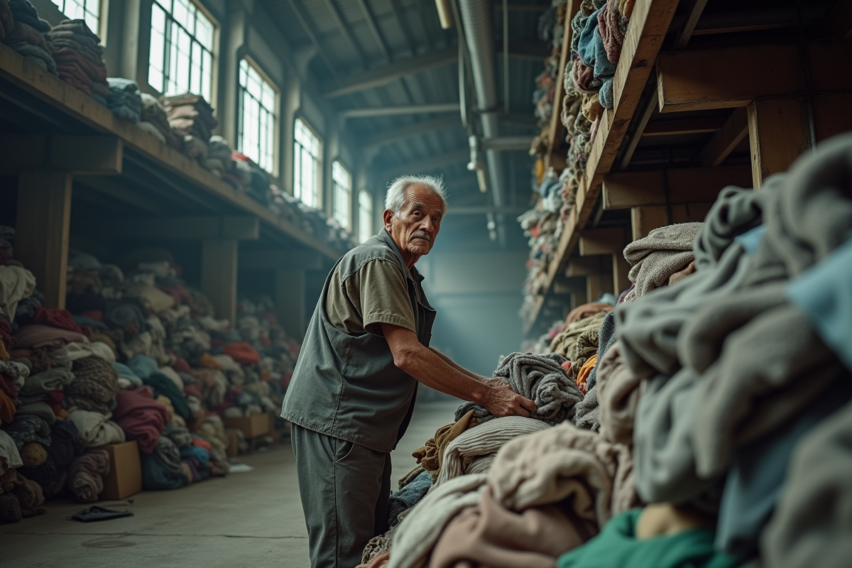 Ouvrier textile triant des vêtements dans une usine