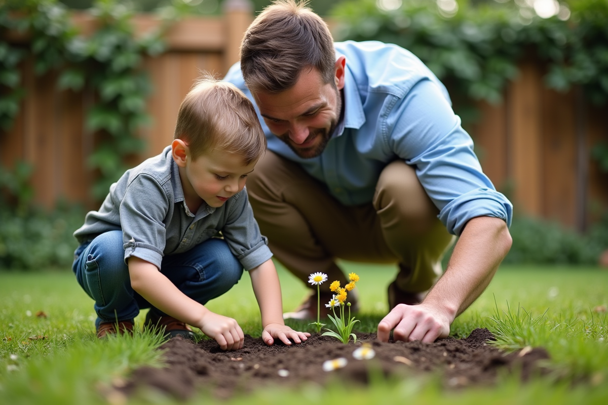 Père et fils plantant des fleurs dans le jardin