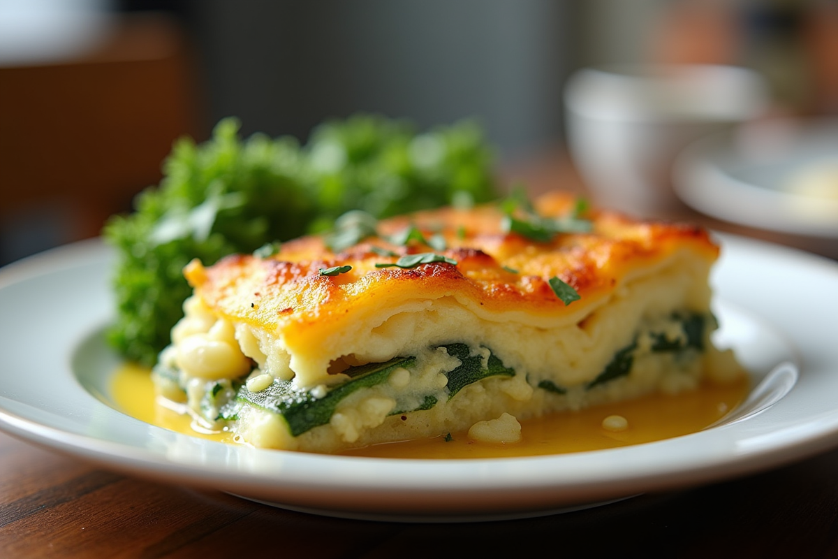 Partie de gratin de courgettes et pommes de terre avec herbes fraîches