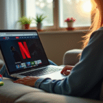 Personne sur un canapé cosy utilisant un ordinateur portable avec Netflix à l'écran