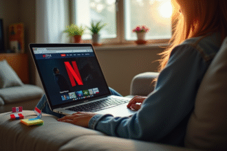 Personne sur un canapé cosy utilisant un ordinateur portable avec Netflix à l'écran