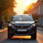 Voiture Peugeot 2008 garée dans une rue calme en fin d'après-midi
