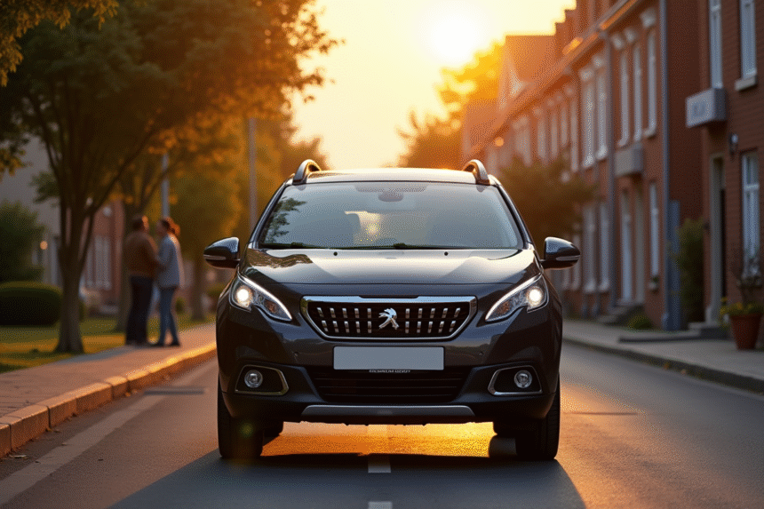Voiture Peugeot 2008 garée dans une rue calme en fin d'après-midi