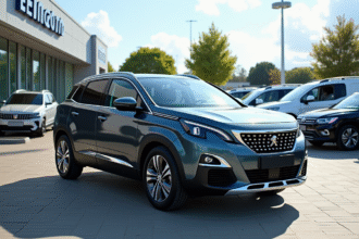 Peugeot 3008 d'occasion garée en concession en plein soleil