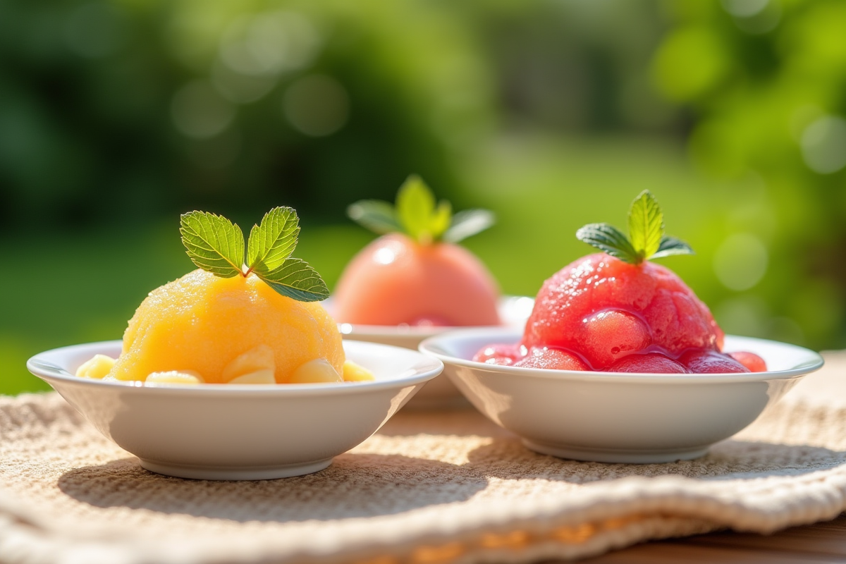 Table de pique-nique avec sorbets aux fruits dans un jardin ensoleille