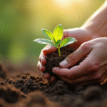 Main plantant une passiflore dans la terre lumineuse
