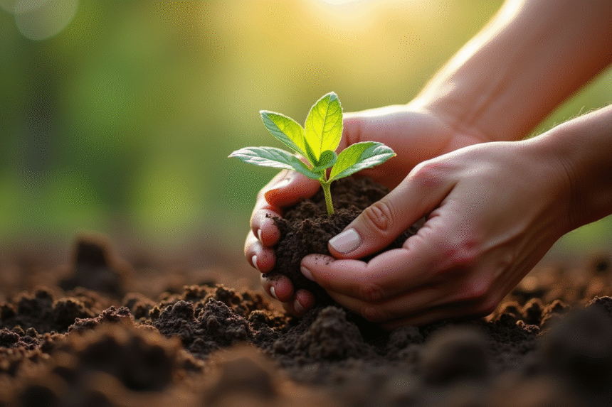 Main plantant une passiflore dans la terre lumineuse