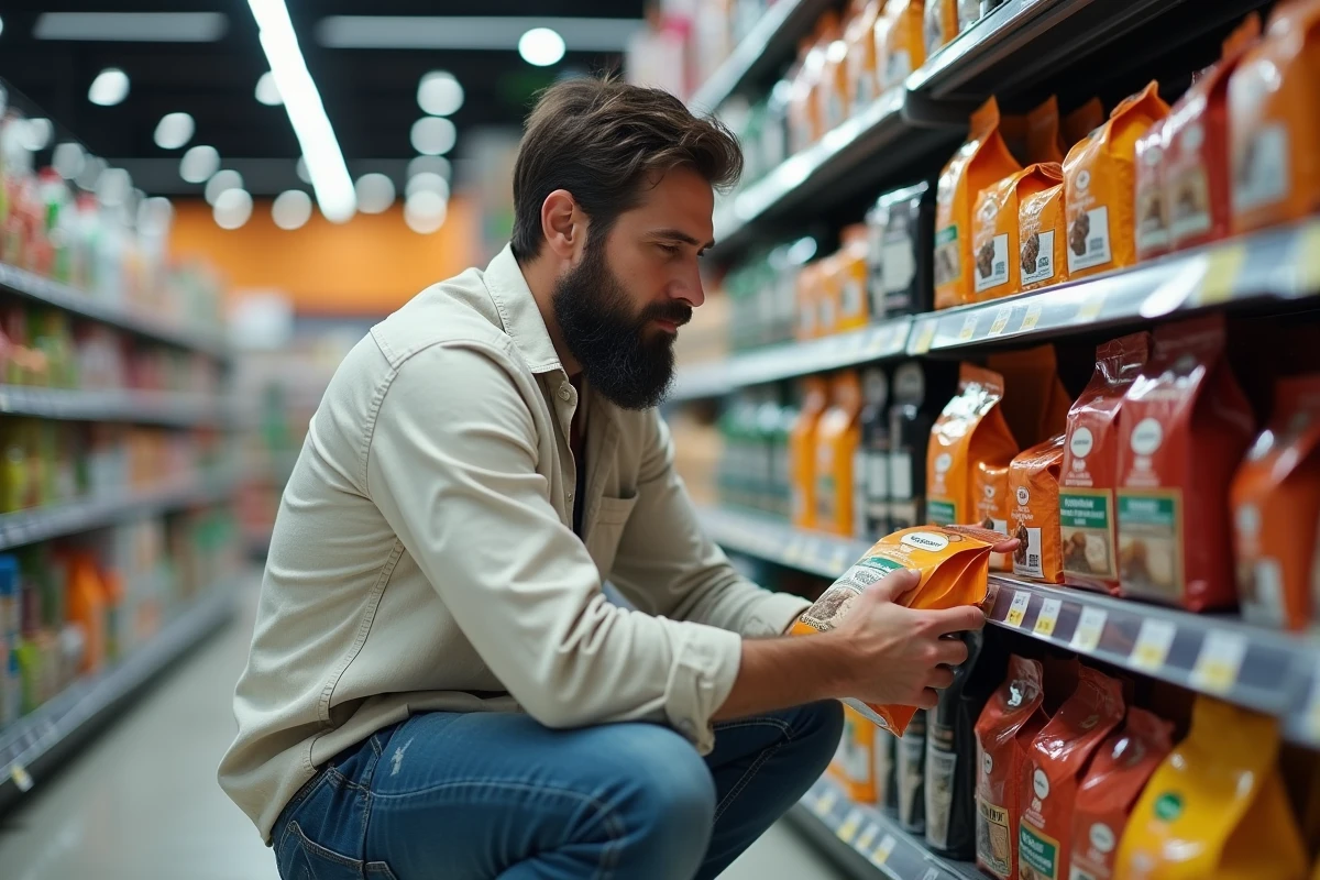 Homme lisant l'étiquette d'un sac de croquettes françaises en rayon d'animalerie