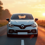 Renault Clio 2 RS argentée sur route de campagne au lever du soleil