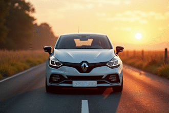 Renault Clio 2 RS argentée sur route de campagne au lever du soleil