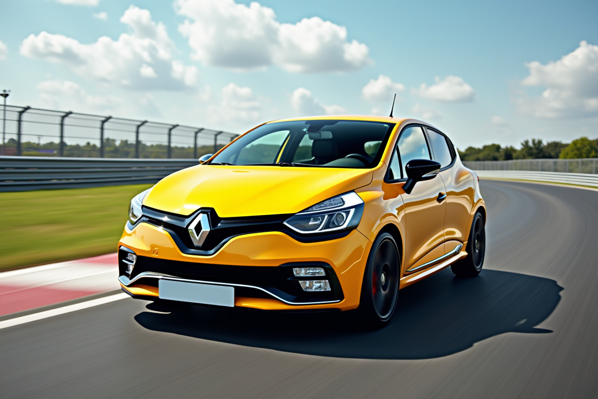 Renault Clio 2 RS jaune vif en course sur circuit en mouvement