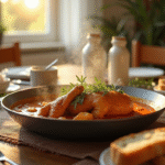 Table familiale chaleureuse avec plat d'agneau en sauce