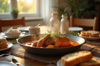 Table familiale chaleureuse avec plat d'agneau en sauce