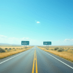 Route avec panneaux indiquant miles et kilometres en plein jour