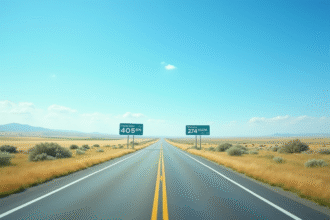 Route avec panneaux indiquant miles et kilometres en plein jour