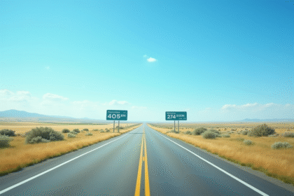 Route avec panneaux indiquant miles et kilometres en plein jour