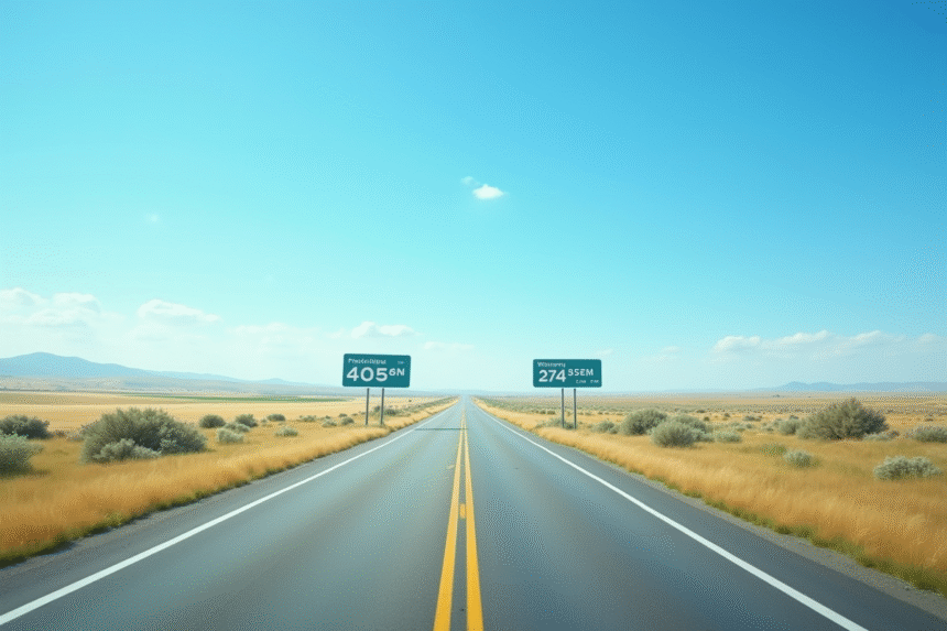 Route avec panneaux indiquant miles et kilometres en plein jour