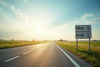 Route rurale ensoleillee avec panneaux de distance