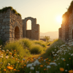 Ruines antiques en pierre sous la lumière dorée du coucher de soleil