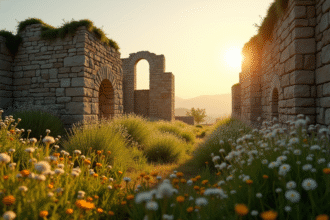 Ruines antiques en pierre sous la lumière dorée du coucher de soleil