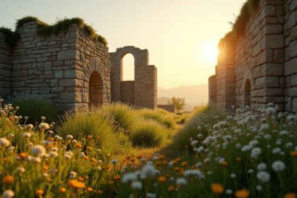 Ruines antiques en pierre sous la lumière dorée du coucher de soleil