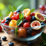 Salade de fruits d'été colorée dans un bol avec figues et myrtilles