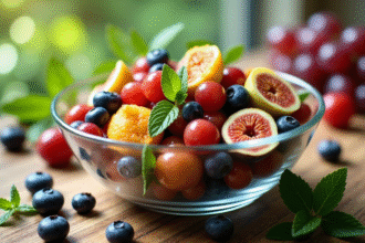 Salade de fruits d'été colorée dans un bol avec figues et myrtilles