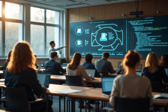 Salle de cours universitaire avec étudiants et professeur