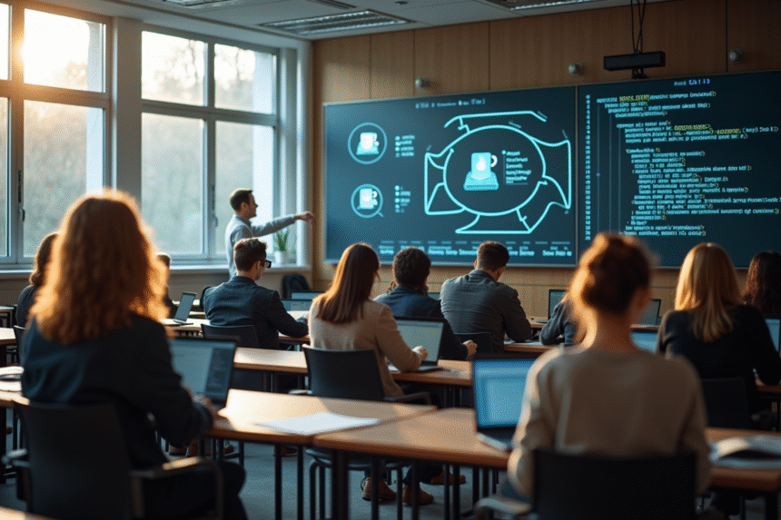 Salle de cours universitaire avec étudiants et professeur