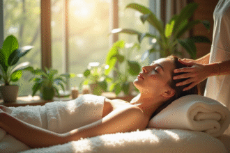 Intérieur d'un spa français calme avec femme en soin visage