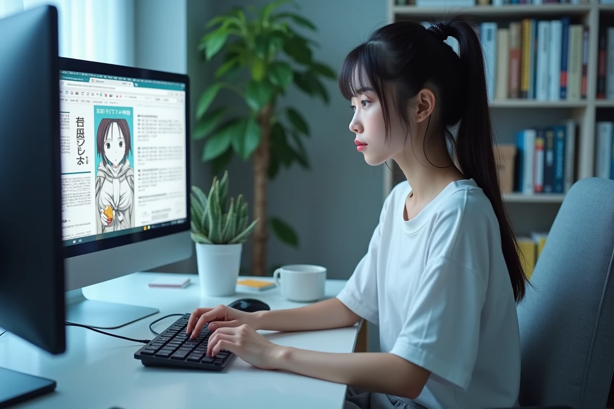 Jeune femme suivant un scan One Piece VOSTFR sur ordinateur portable avec traduction française affichée à l'écran