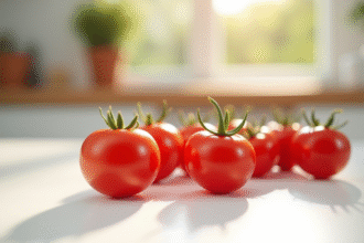 Tomates cerises fraîches sur plan de cuisine lumineux