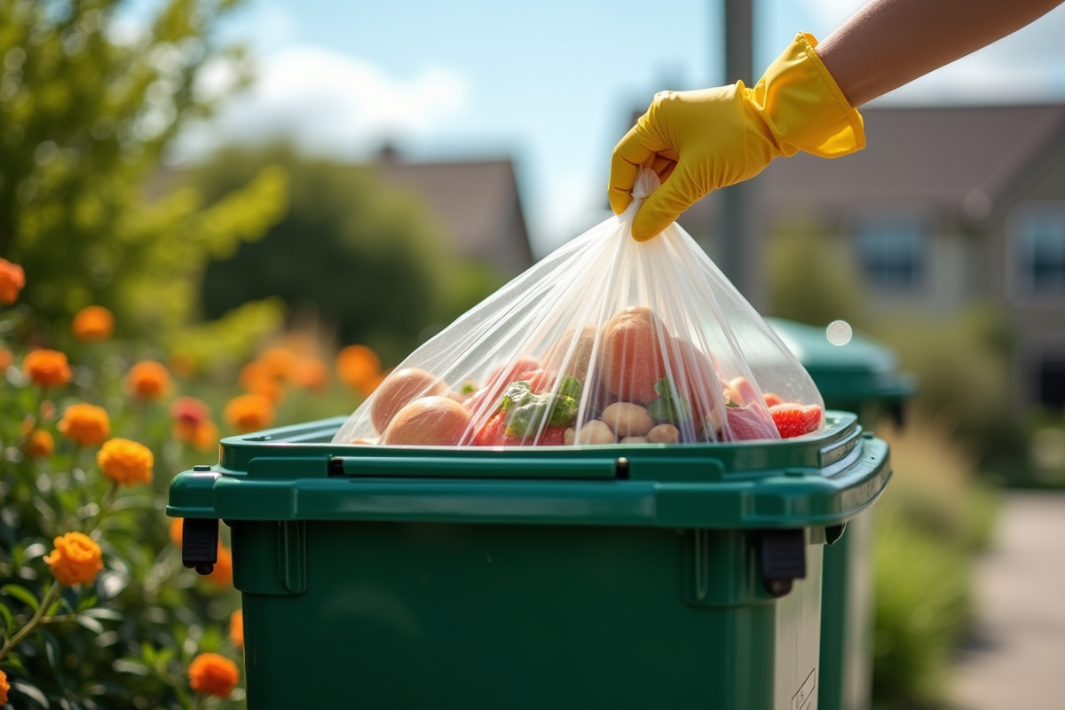 Main gantée déposant des déchets dans un sac propre à l