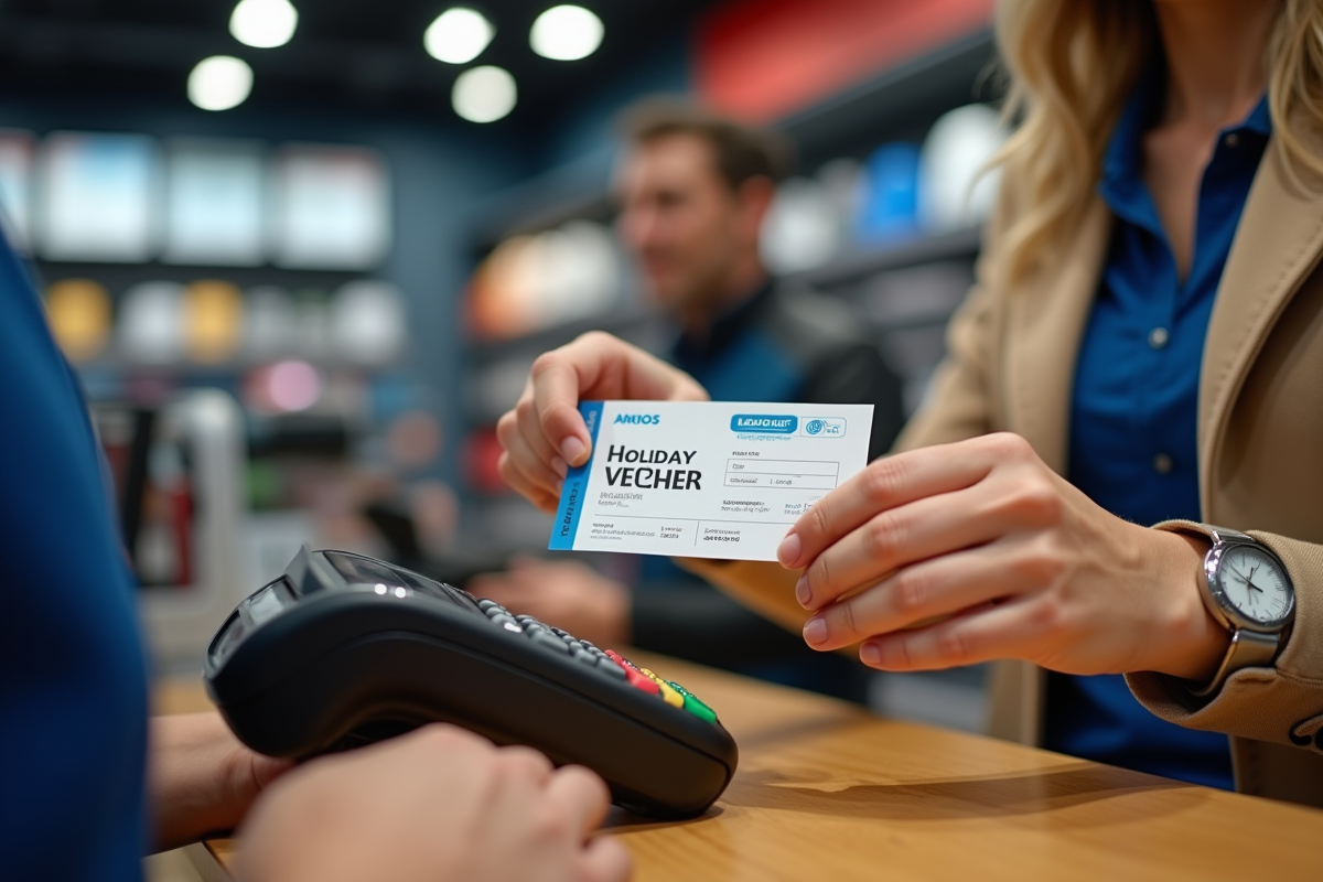 Gros plan sur mains avec bon cadeau et terminal de paiement