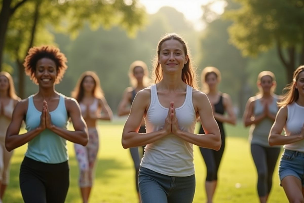 Groupe divers pratiquant le yoga dans un parc parisien